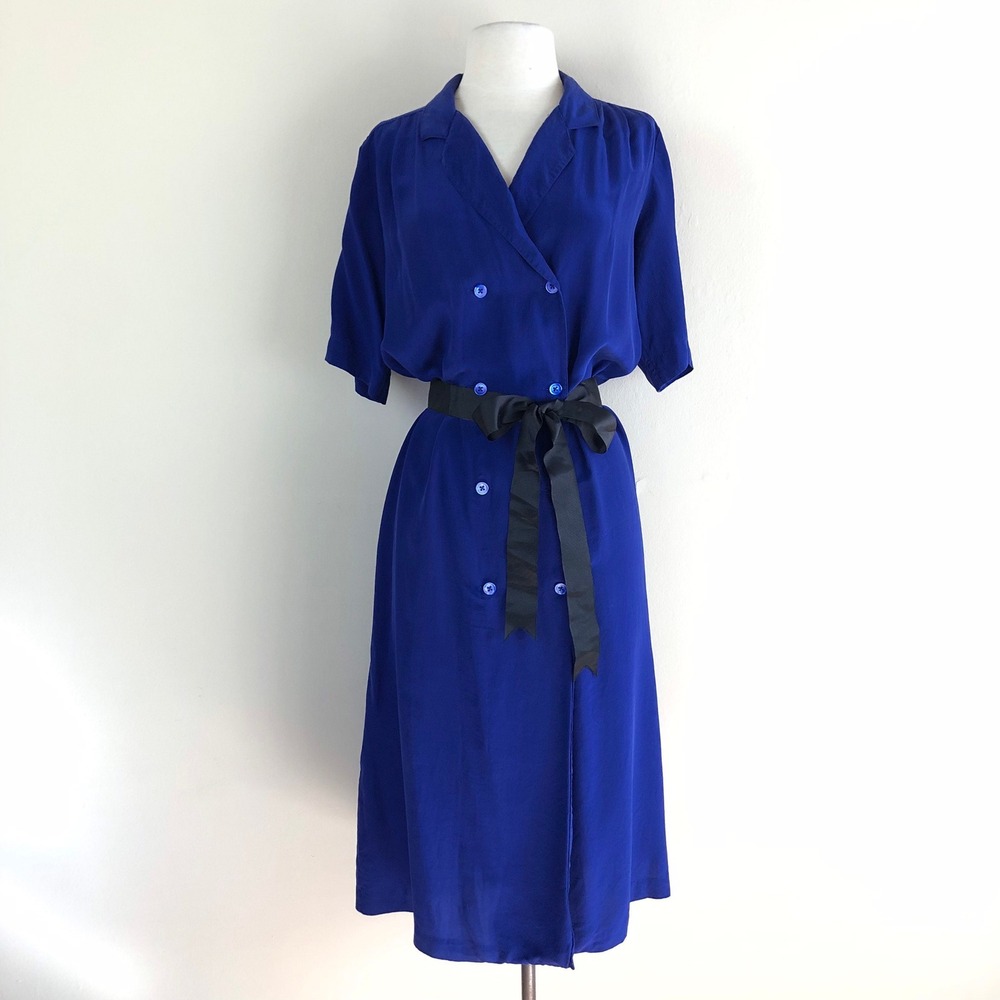 vintage 90s cobalt blue silk shirt dress midi double breasted minimalist - Picture 3 of 10